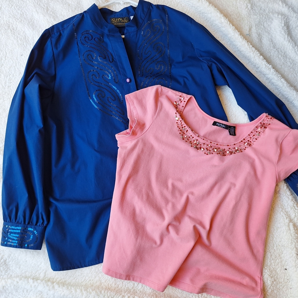 Bob Mackie Wearable Art Blue Sequin Blouse & Studio Pink Embellished Top Sz  L